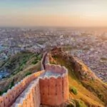 aerial view of jaipur from nahargarh fort at sunset