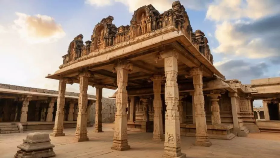 ancient architecture of the hazara rama temple with intricate stone carvings at hampi