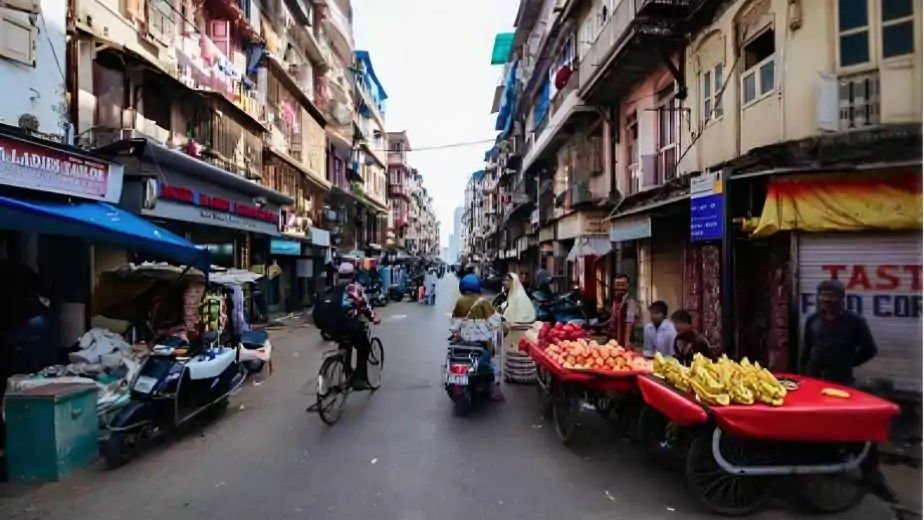 crowded streets within chor bazaar in mumbai