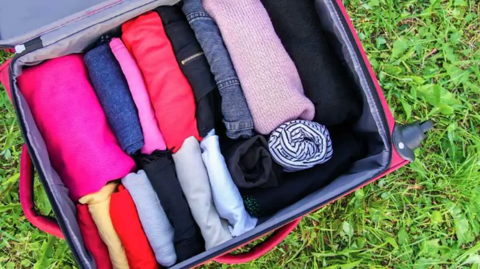 open suitcase on the green grass with different clothes folded vertically